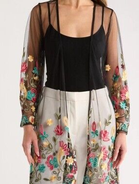 Forgotten Grace..Floral Embroidered Black Mesh Duster .. Size Large